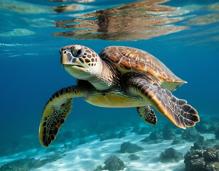 
A sea turtle gracefully swimming in the blue waters of the sea