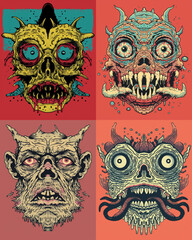 Wall Mural - Colorful screen printing of an evil monster face