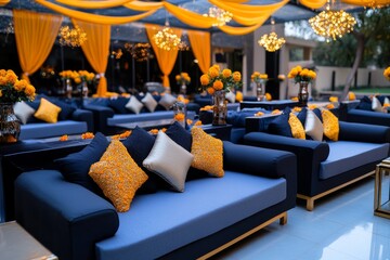 A wedding venue decorated with marigold flowers, adding warmth and joy to the celebration