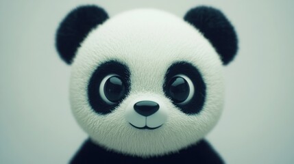 Close-up portrait of a cute cartoon panda bear with big eyes and a smile, against a soft, light background.