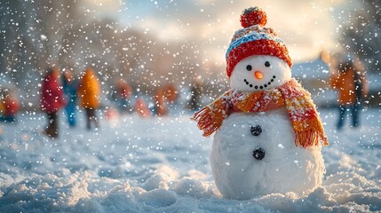 Cheerful Snowman in Winter Wonderland with Falling Snow