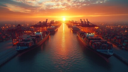Aufkleber - As the sun sets, vibrant colors light up the sky above a busy port where container ships are docked. Cranes are seen busy at work, highlighting the active trade.