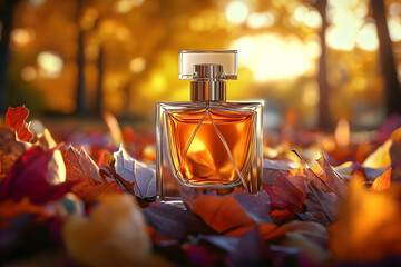 Poster - Transparent glass bottle of perfume on colorful fall leaves and autumnal flowers background. Elegant luxury fragrance presentation with golden, Generative AI