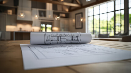 rolled architectural blueprint sits on wooden table in modern, well lit interior space, suggesting focus on design and planning. room features large windows and pendant lights