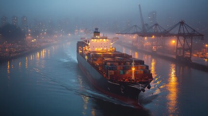 Aufkleber - A large cargo ship moves slowly through a fog-covered harbor as city lights reflect off the water, creating a serene yet busy harbor atmosphere as dusk falls.