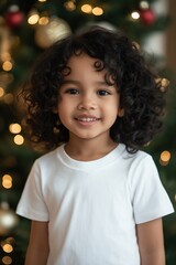 Wall Mural - A young girl with curly hair is smiling at the camera. She is wearing a white shirt and is standing in front of a Christmas tree