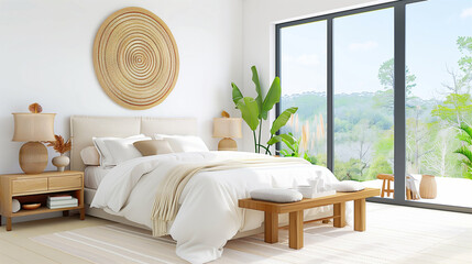 Wall Mural - Bedroom interior design with large windows and greenery modern and minimalistic style natural light and serene atmosphere