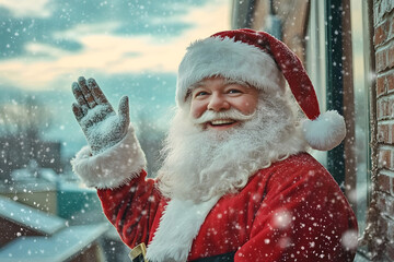 Poster - A cheerful Santa Claus waves happily as snow falls around him, embodying the joyful spirit of Christmas and spreading holiday cheer.