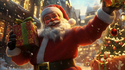 Santa joyfully holding gifts in a festive holiday scene  -