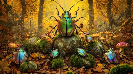 Vibrant beetles in enchanted autumn forest with mushrooms and moss
