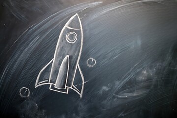 Chalk rocket drawing on blackboard with space theme