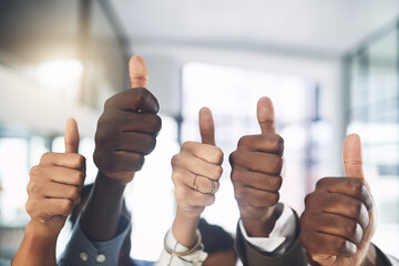 Poster - Business people, hands and thumbs up in office for teamwork, achievement and collaboration with support. Employees, trust and approval gesture in workplace for thank you, success and agreement emoji