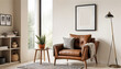 © Alexandra - A stylish reading nook featuring a cozy armchair with a grey pillow, a framed mockup  for artwork on the wall. Modern design