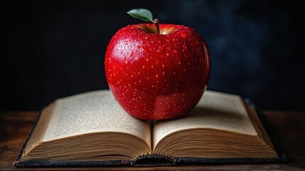 A fresh red apple sits atop an open vintage book, evoking a sense of knowledge and nourishment.