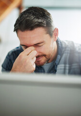 Poster - Overworked, headache and businessman in office by computer with eye strain for blurry vision. Stress, migraine and mature male copywriter by technology with fatigue, burnout and tired in workplace.