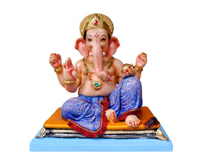 Hindu God Ganesha on white background, Ganesha Idol. Ganesh festival.