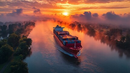 Aufkleber - A cargo ship moves steadily along a river as the sun rises, creating a beautiful interplay of colors in the sky and mist over the water.