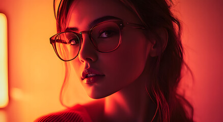 Sticker - Portrait of a young woman with glasses illuminated by red light in a softly colored room during nighttime