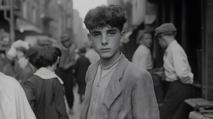 Young Man on a Crowded Street in New York – 1940s Urban Life and Historical Scene