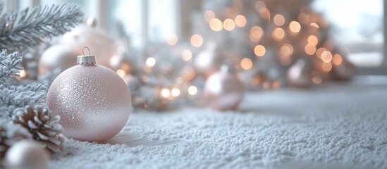 New Year's composition with delicate decorations in pastel colors. In the foreground is a close-up of a New Year's ball decorated with sparkles, against a background of fir branches and cones.