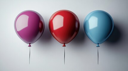 Three vibrant balloons in red, blue, and purple on a minimalist gray background.