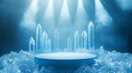 Poster - A striking arrangement of tall, clear crystals is showcased on a circular platform. Soft blue lights shine from above, creating an enchanting atmosphere enhanced by the surrounding ice fragments.