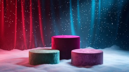 Fototapete - Three circular podiums of different colors are sitting in a snow-covered landscape. The podiums are made of velvet and have a smooth, rounded surface.
