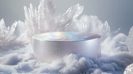 Poster - In a serene winter setting, a smooth, reflective crystal-like object sits atop a bed of fluffy snow amidst shimmering ice formations. The soft colors and reflections create a dreamlike atmosphere.
