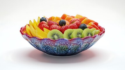 Wall Mural - 3D render of a vibrant fruit bowl with colorful sliced fruits on a white background