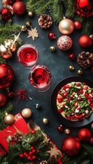 A festive table setting with red and gold ornaments, a salad plate, and two glasses of wine.