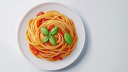 Wall Mural - 3D illustration of a plate of spaghetti with tomato sauce and basil leaves on a white background