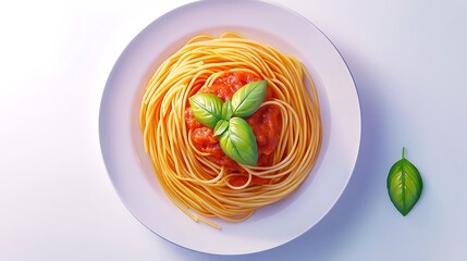 Wall Mural - 3D illustration of a plate of spaghetti with tomato sauce and basil leaves on a white background