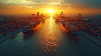 Aufkleber - As the sun sets, its warm glow reflects off the water at a busy shipping harbor, highlighting container ships and towering cranes amidst neatly stacked cargo containers.