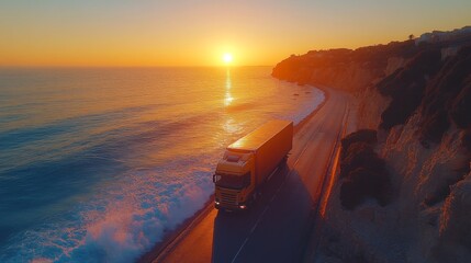 Aufkleber - As the sun sets over the ocean, a truck travels down a winding coastal road, highlighting the beauty of the waves and cliffs under golden light.