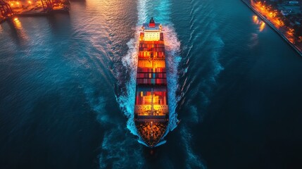 Aufkleber - A large cargo ship sails along a river at twilight, with colorful containers brightly lit on deck. The water reflects the vibrant lights, creating a stunning visual.