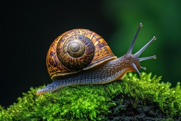 Close-up of a snail on vibrant green moss