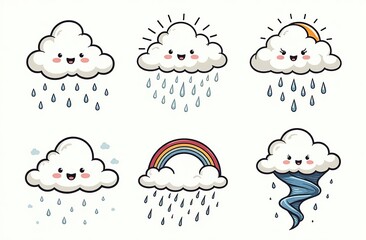 cloud rain weather cartoon cute set. cloud, sun, moon weather character with smile and angry face. h