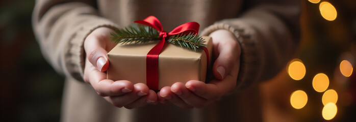 Person holding a beautifully wrapped Christmas gift with a red ribbon by a decorated tree