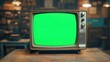 © ArmStrong☠ - Vintage television with green screen on a table in a workshop setting.