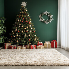 Wall Mural - beautifully decorated christmas tree stands in cozy room with green wall, adorned with ornaments and