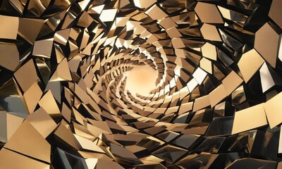 Wall Mural - A swirling tunnel of golden  geometric shapes creates a mesmerizing and abstract visual.
