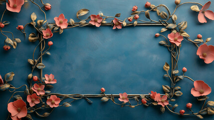 Poster - Metal thin rectangular frame , decorated with metallic flowers on a blue background