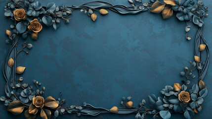 Wall Mural - Metal thin rectangular frame , decorated with metallic flowers on a blue background