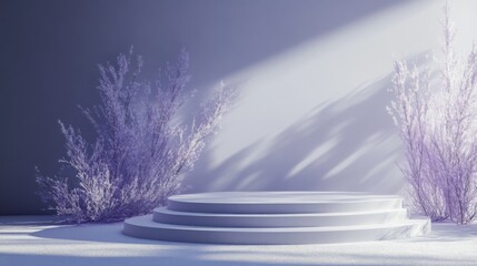 Fototapete - A circular stage composed of three smooth levels is surrounded by delicate purple plants. Soft light casts gentle shadows, creating a tranquil atmosphere for performances or displays.