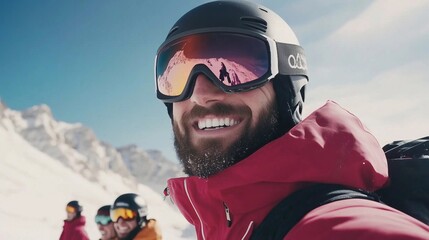 Happy young man wearing a ski suit in the alps with friends.