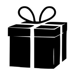 Black-and-white vector illustration of a gift box tied with a ribbon, perfect for holiday, celebration, or event-themed designs.