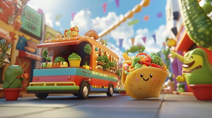 Wall Mural - A happy cartoon taco rolls down a street towards a colorful food truck with a smiling avocado mascot.