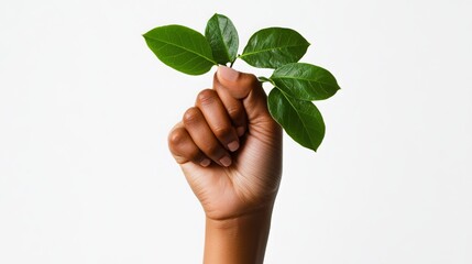 A woman's hand holds a fist of leaves, symbolizing the strength of an eco warrior fighting for sustainability. The white background emphasizes the urgency of the protest