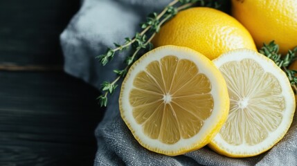 Detailed photograph of whole and halved lemons arranged with sprigs of thyme on a dark cloth, highlighting the texture and freshness, perfect for food enthusiasts.