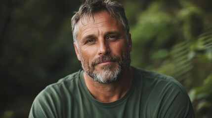 A casually dressed man with a beard sits in a forest setting, looking relaxed and content, the greenery framing his face and adding a peaceful ambiance.